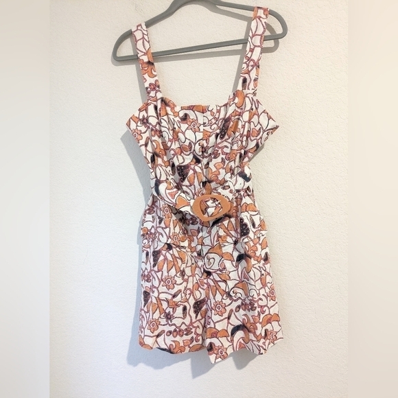 House of Harlow Orange Floral Belted Linen Blend Sleeveless Romper Retro Coastal - Picture 3 of 11